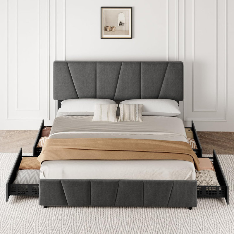 King Size Bed Frame With Adjustable Headboard And 4 Storage Drawers, Soft Upholstered Platform Bed Frames With Wooden Slats Support, No Box Spring Needed, Dark Grey