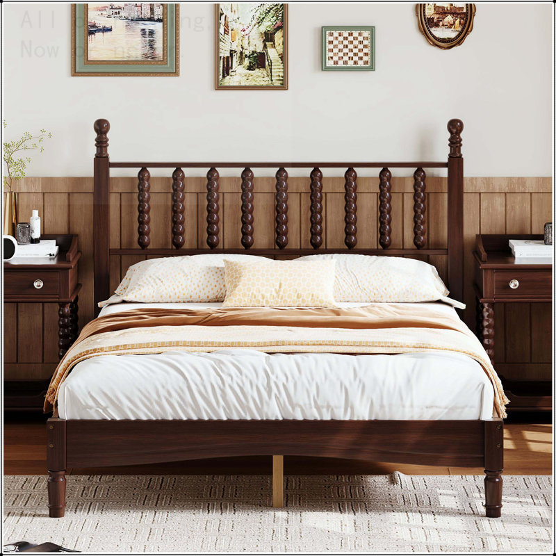 Lit plateforme double pleine grandeur avec tête de lit en forme de gourde et lattes en bois, Full, Noyer