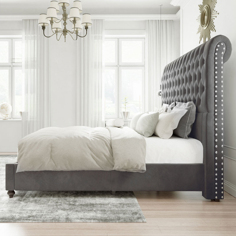 Alhaji Upholstered Wingback Bed, Dark Gray, King