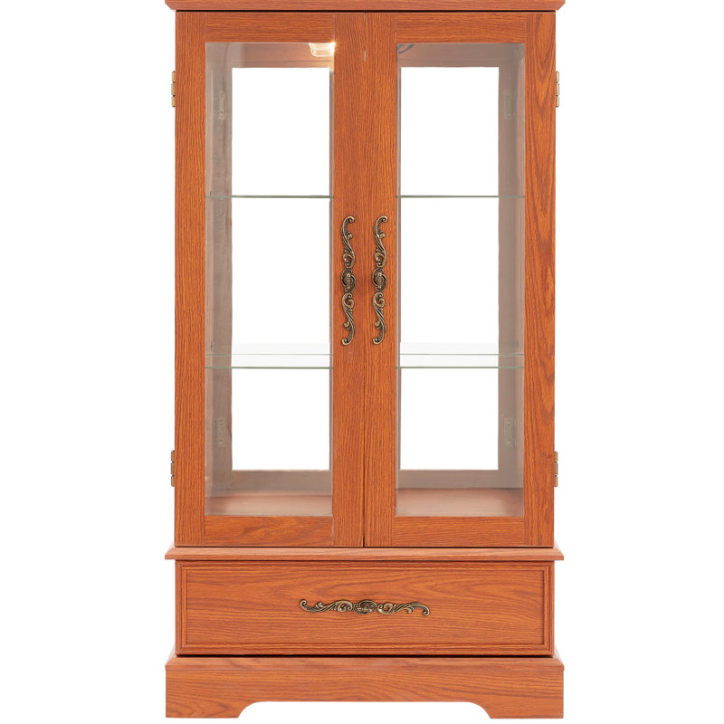 Verre foncé en chêne foncé, présentoir de pièces de monnaie, tablettes réglables, éclairage intérieur, sangle de surmatelas trempé, couloir