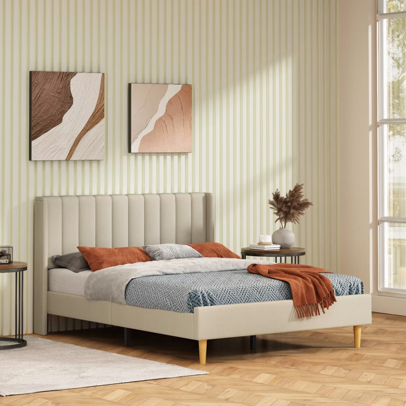 Base de lit tapissier avec tête de lit à oreilles Deeb, Très grand, Lin bleu foncé
