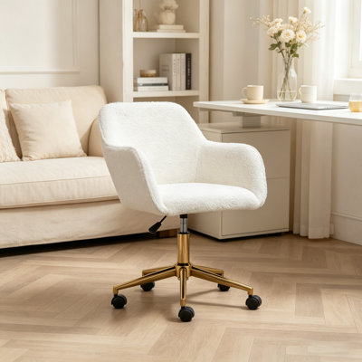 Modern Adjustable Height 360 Revolving Home Office Chair With Teddy Fabric, Gold Metal Legs, And Universal Wheels