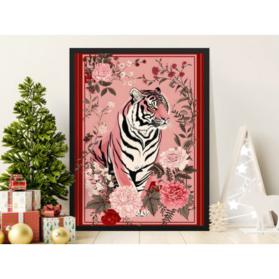 Tiger Wall Art, Floral Wall Art, Animal Print, Nature Inspired Art, Framed Wall Art, Multiple Sizes, Pink Wall Decor