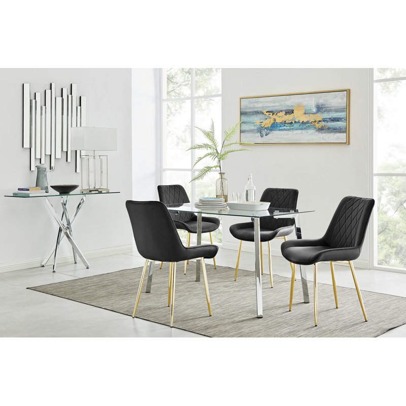 Modern Casino Glass and Metal Hairpin Leg Dining Table Set With 4 Luxury Velvet Dining Chairs