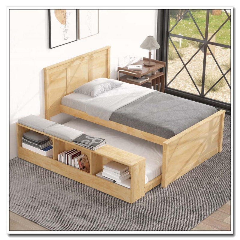 Lit plateforme en bois avec lit gigogne escamotable, armoire de rangement, Lit simple, Naturel