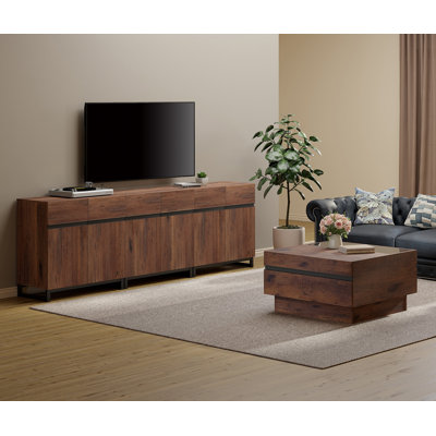 Scarboro Modern TV Stand And Coffee Table Set Of 2, Storage Entertainment Center For Tvs Up To 100 Inch, Square Center Table With Tempered Glass And 4 Storage Drawers For Living Room,Brown