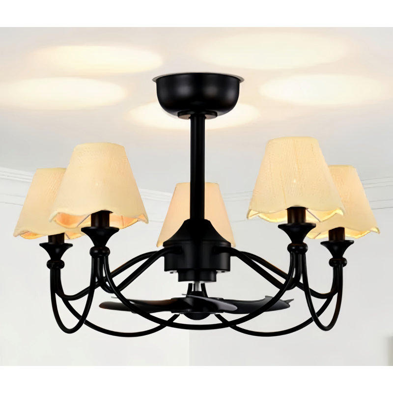 28" 5-Light Modern Remote Control Paint Sand Black With Beige Fabric Shade Fandelier Ceiling Fan With Lighting Kits For Living Room/Bedroom
