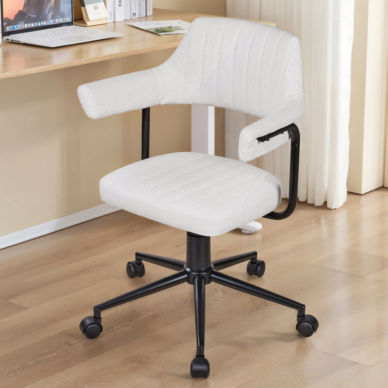 White Upholstered Desk Chair With Wheels Adjustable Height 360° Rolling Swivel Task Chair, White