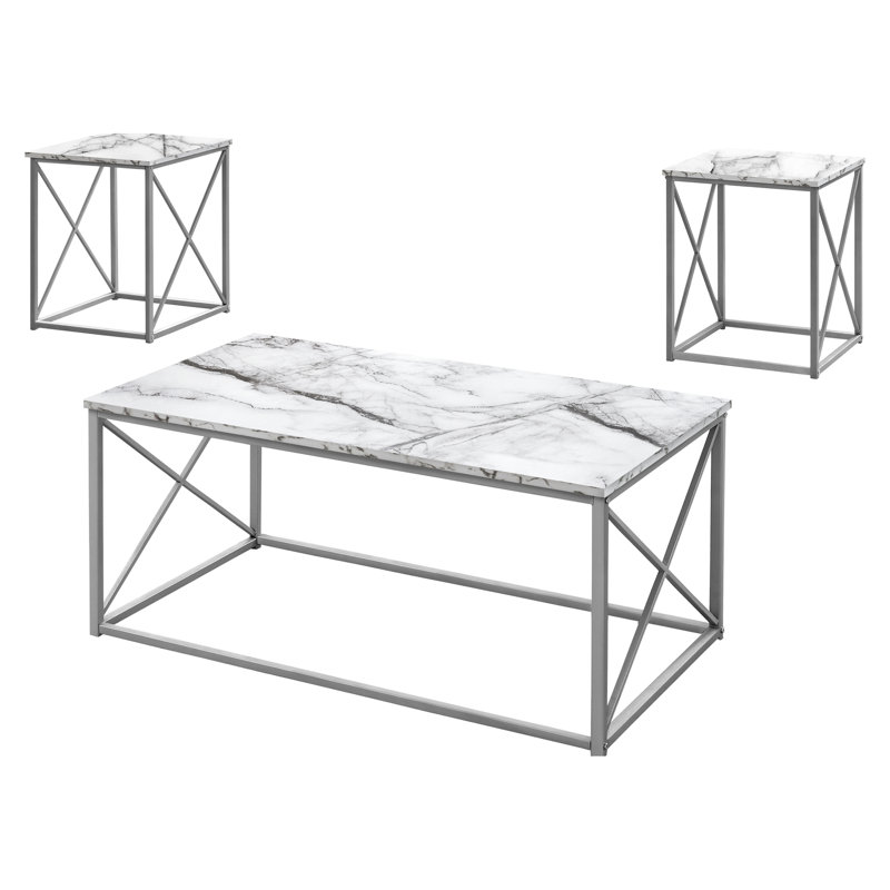 3 tables contemporaines - tables basses et 2 tables de bout, style blanc, 3 pièces en métal gris de qualité imitant le marbre,