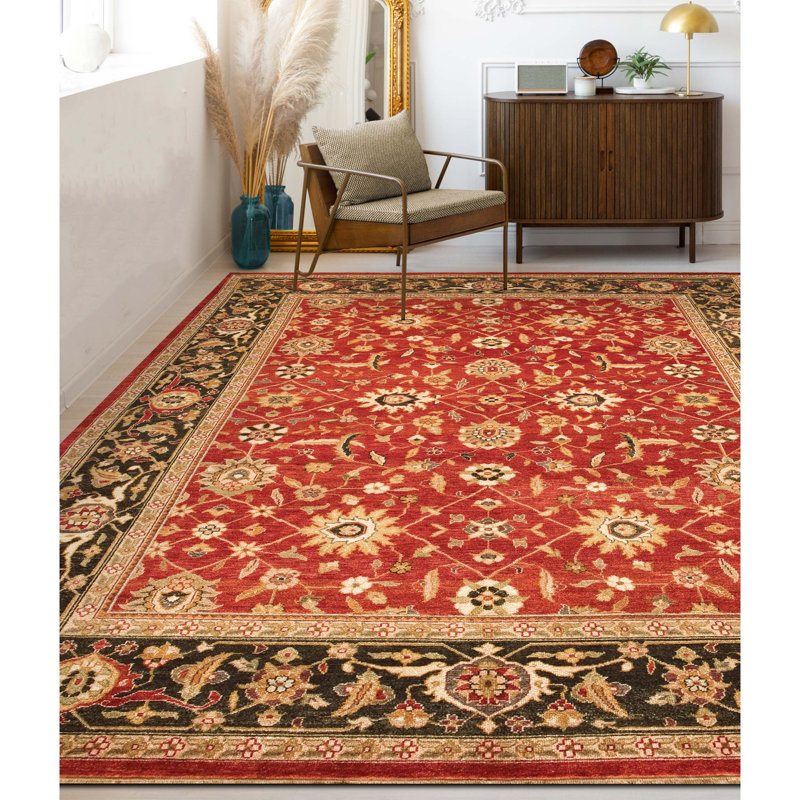 Wool Oriental Area Rug in Red/Beige/Dark Green, Rectangle 4' x 6'