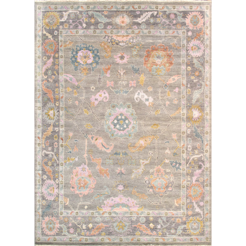 Tapis floral en laine noué à la main Oushak, Rectangle 7 pi 11 po x 9 pi 10 po