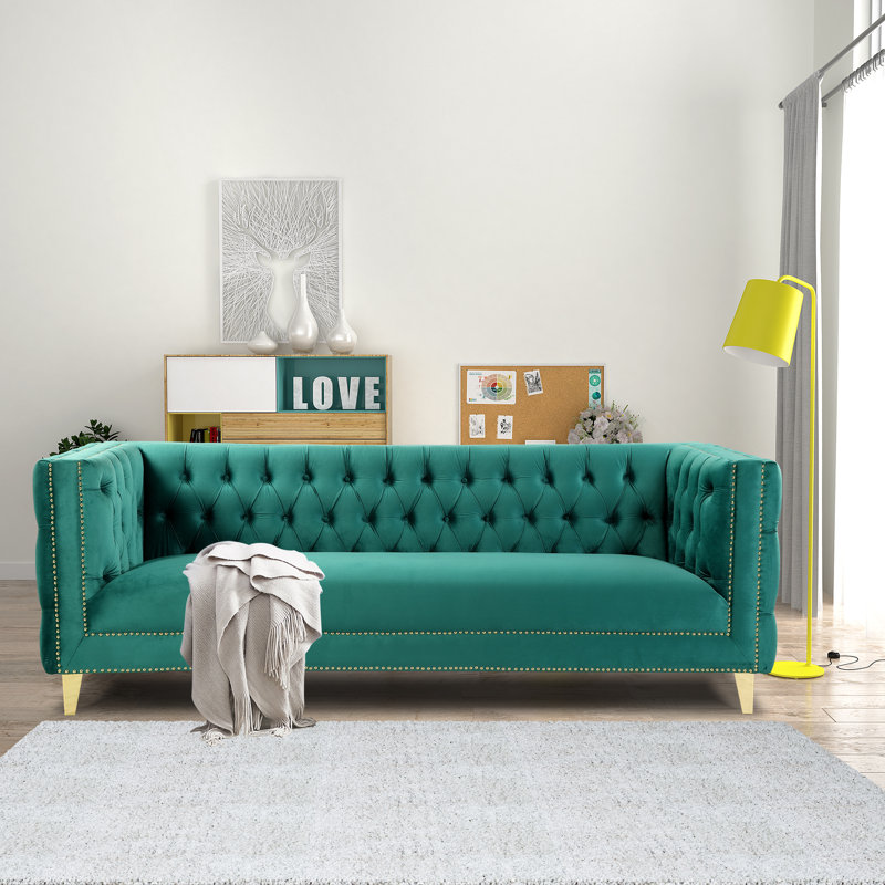 Canapé en velours de luxe Arnav, 86 po de largeur, fabrication solide, entièrement assemblé, Velours vert