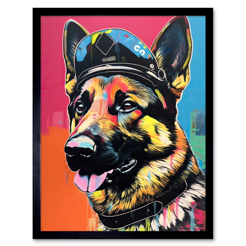 Auguste German Shepherd Wearing Police Hat Modern Pop - Single Picture Frame Print