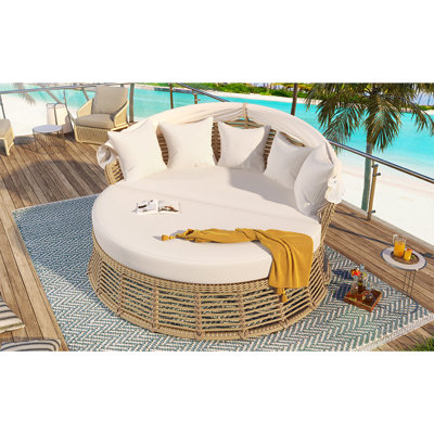 Lit de jour rond en rotin pour terrasse avec auvent rétractable GO