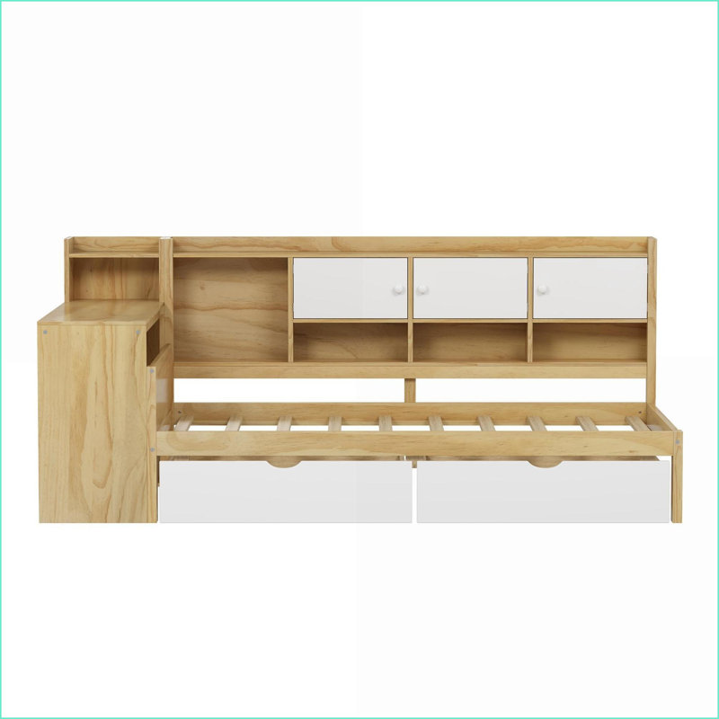 Lit de jour simple en L avec rangement en bois et bureau Tablettes, blanc naturel pour les petits espaces
