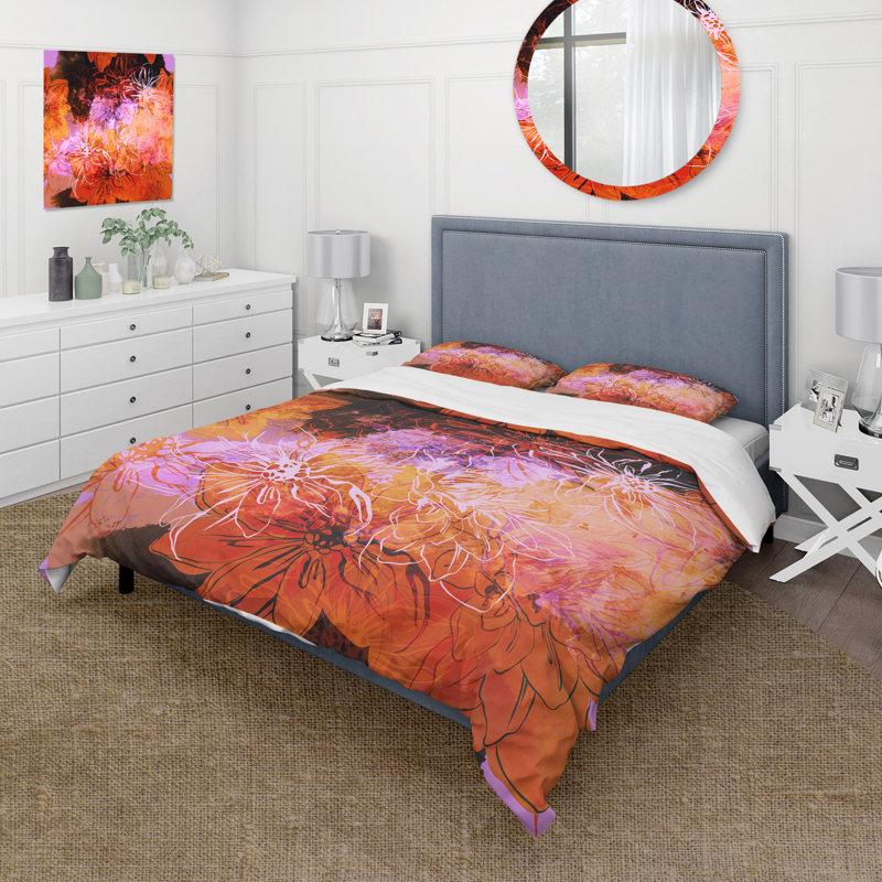 Fleurs abstraites orange et mauves - ensemble de housse de couette moderne - microfibre de polyester