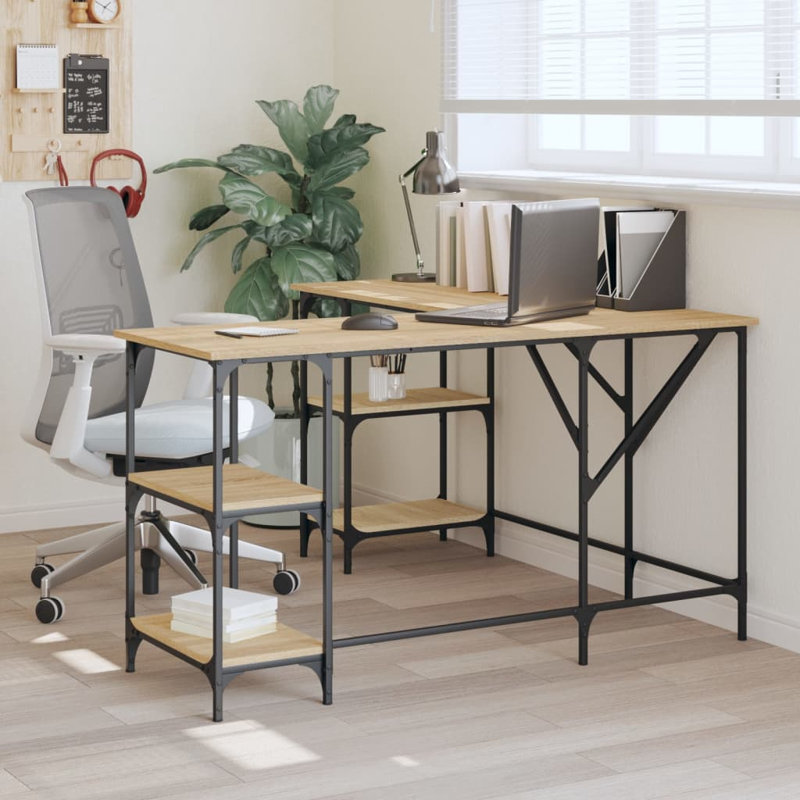 Aahad L-Shaped Metal Base Writing Desk, Sonoma Oak