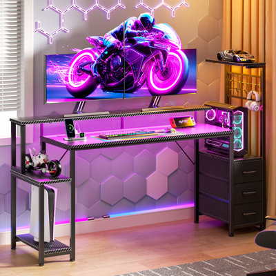 63"W Gaming Desk With Recessed Power Outlets,computer Desk With 3-tier Fabric Drawers, Gaming Desk With Cpu Stand And Led Lights,home Office Desk With Spacious Storage Shelf And Versatile Hooks