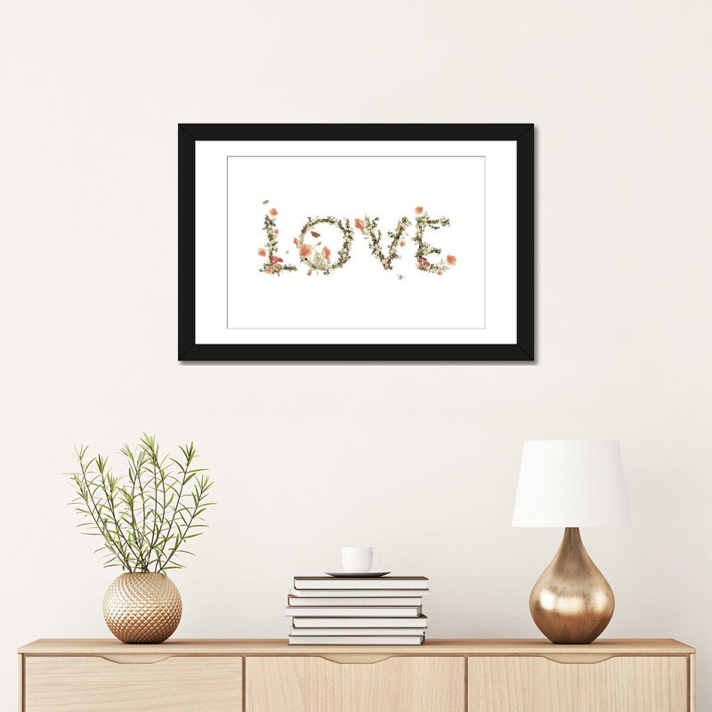 « love », art textuel sur toile, H 16 po x l 24 po x P 1 po, Papier d'art encadré noir, Blanc