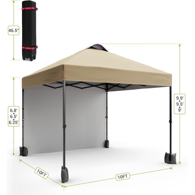 10' X 10‘ Pop Up Canopy With Sidewalls For Outdoor, Waterproof Portable Canopy With One Push Setup, Khaki