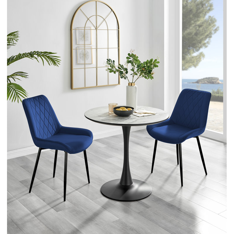 Ellis White Marble Effect Melamine Round Dining Table Set with 2 Luxury Velvet Dining Chairs, Navy/Black
