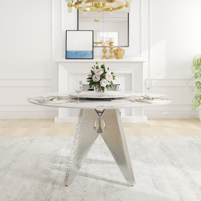 Table de salle à manger 53 po ronde en marbre avec base en acier inoxydable argenté, marbre artificiel pour 6 personnes, table tournante en pierre artificielle blanche 23,62 po (table de salle à manger seulement)