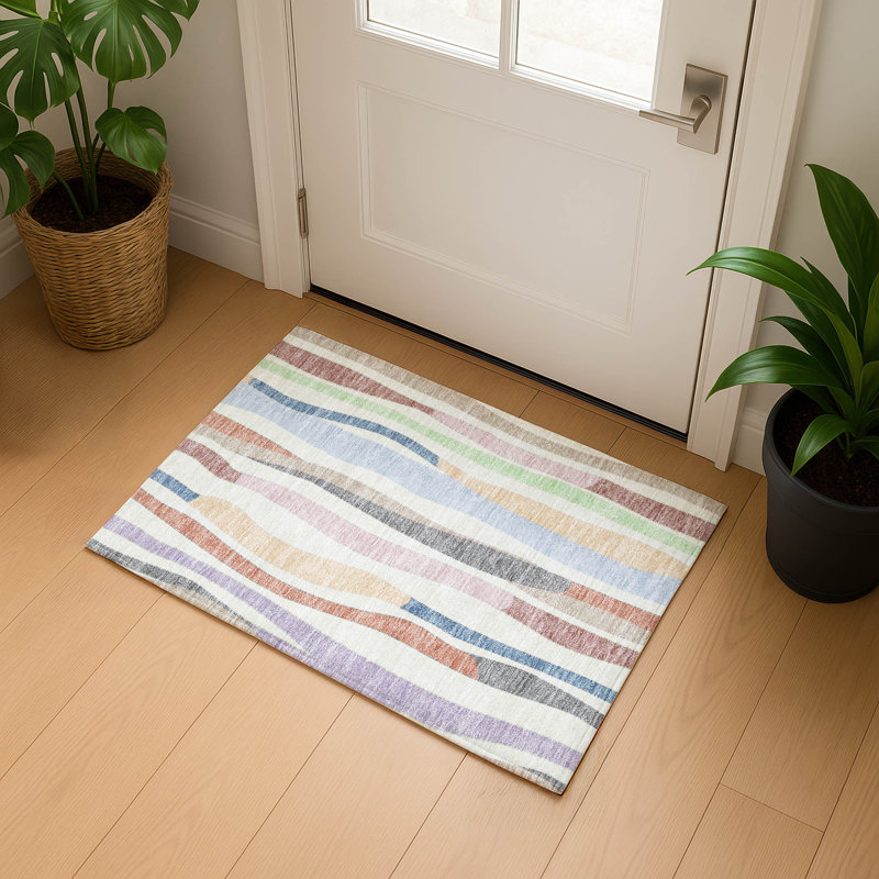 Premium Machine Washable Mayfield AMF2188 Striped Rug, 1'8" x 2'6", Pearl