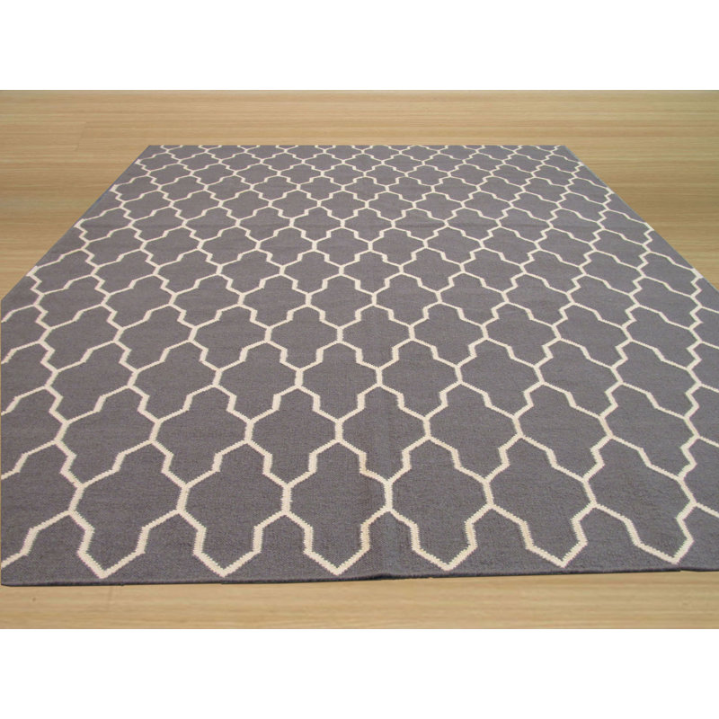 Tapis gris transitionnel en laine tissé à plat à la main Onamia, Rectangulaire 8 pi x 10 pi
