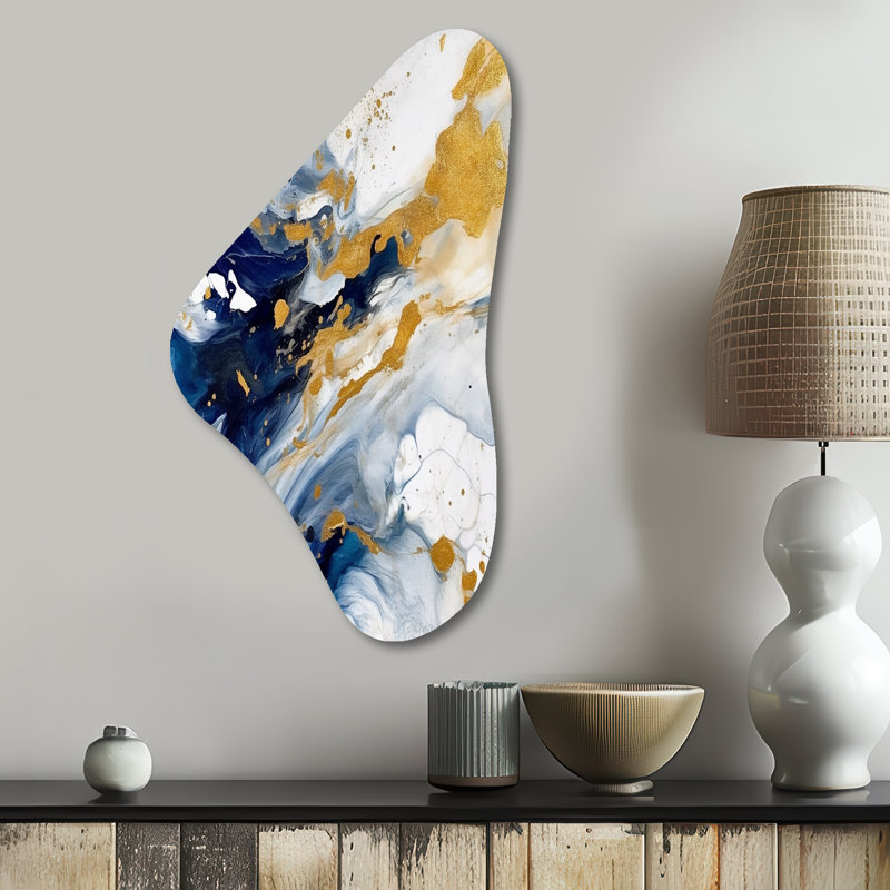 Art mural asymétrique en métal bleu foncé et doré XXVI - Fractals Boomerang, H 31 po x l 17 po