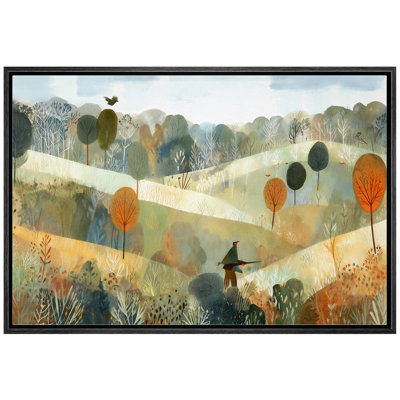 «Autumn Rolling Hills Landscape with Wanderer», reproduction d'art sur toile encadrée dans la chambre principale