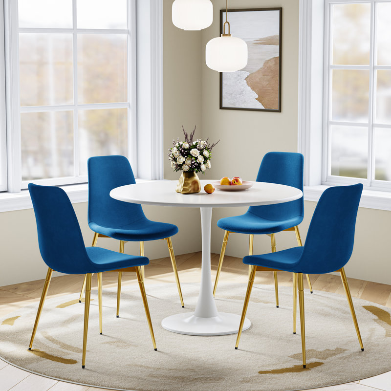 31.5" Round Dining Table Set For 4, Modern Tulip Base All Metal Table With  4 Velvet Upholstered Chairs, Blue/Gold, White