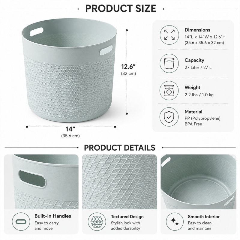 2 Pack Plastic Basket Set, Mint