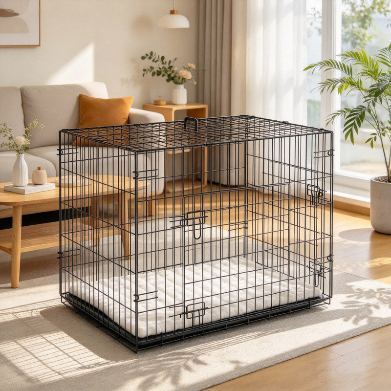 Collapsible Black Dog Crate for Small Dogs, Featuring 2 Convenient Doors, Removable Tray and Plush Soft Cushion, Easy-Storage Foldable Pet