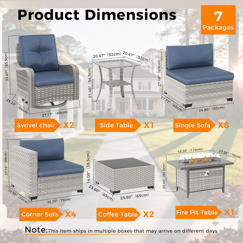 14 - Person Outdoor Wicker Patio Conversation Furniture Set with Fire Pit Table, Navy