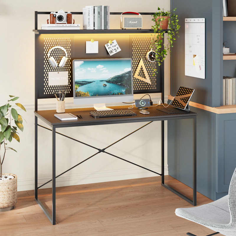 Nedyo 39''W LED Gaming Desk with Hutch and Pegboard, Computer Home Office desks with Power outlet and Shelf