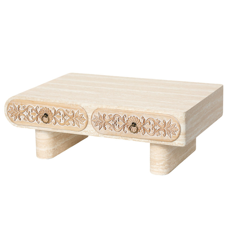 Table basse moderne aux bords arrondis avec tiroir en bois massif et motif floral, beige et jaune, largeur 60 cm, table de rangement astucieuse, lignes épurées, tons chauds, 100 cm L x l 35 cm H, idéale pour les petits espaces