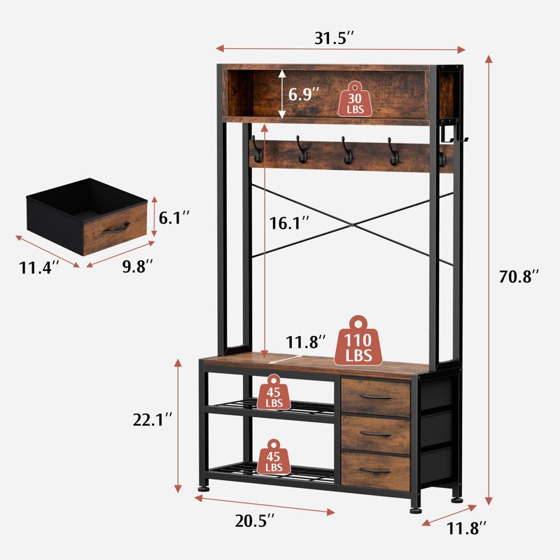 5-in-1 Entryway Bench Coat Rack with 12 Hooks and 3 Drawers, Rustic Brown