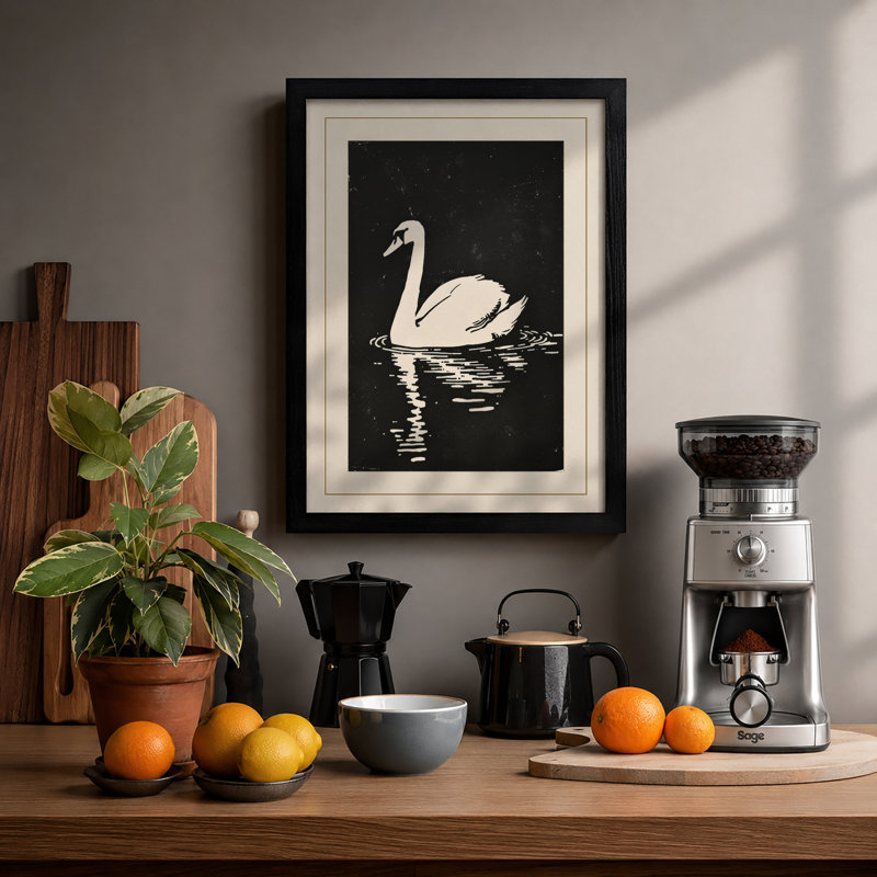 Swan On Dark Water Japandi - Print, Black, A3 - 42.0 x 29.7 cm
