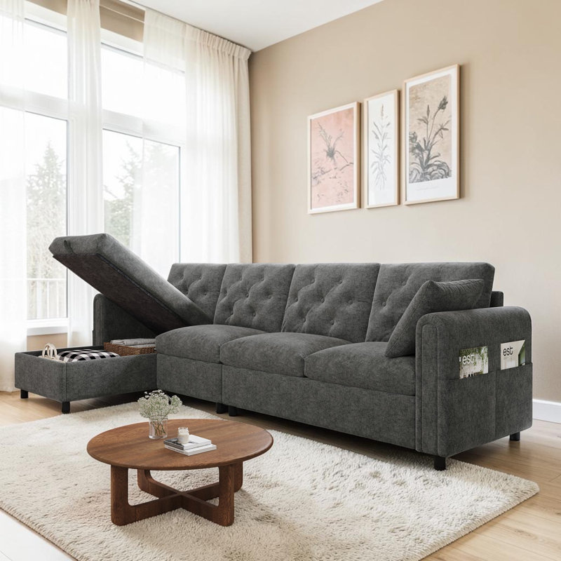 4 Seater Velvet Sofa & Chaise, Grey Velvet