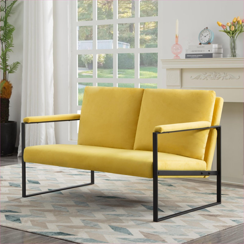 Pour le salon et les petits espaces de chambre à coucher, fauteuil d'appoint moderne à 2 places avec structure entièrement en métal, finition jaune