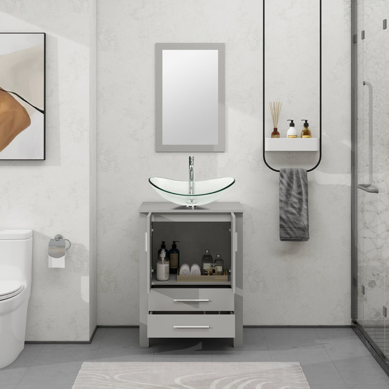 Ensemble de meuble-lavabo simple 24 po Allexus, Transparent, Gris, Argent argent
