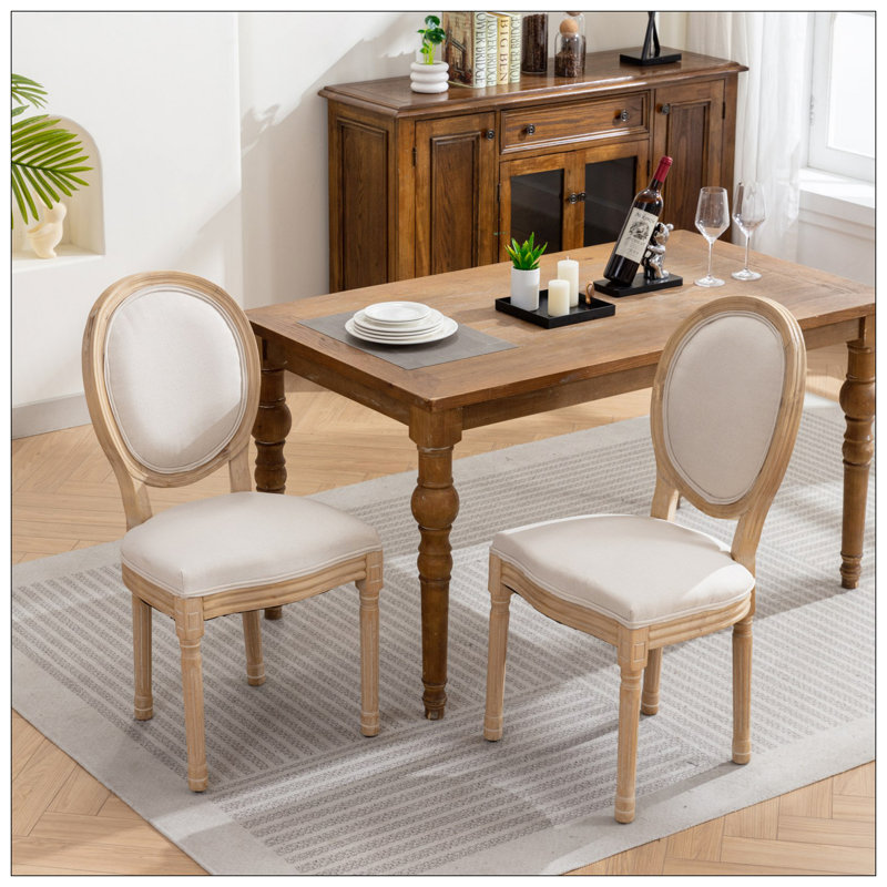 Ensemble de 2 chaises de salle à manger en bois massif de style français antique avec tissu en lin et rembourrage doux, Beige
