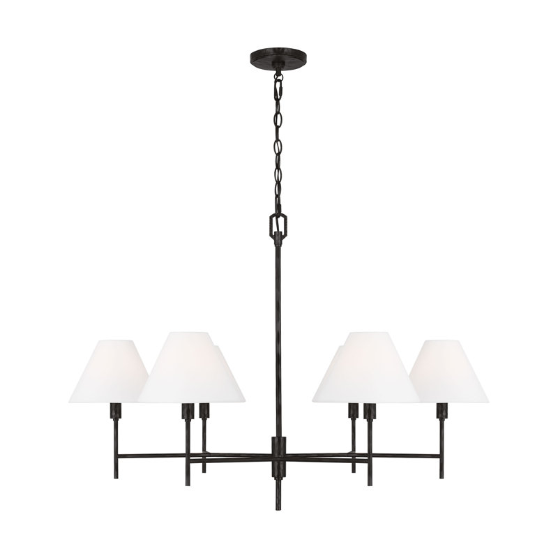 Chapman & Myers Ridgewood 6 Light Dining Room Chandelier With White Linen Shade, Aged Iron, 25.625" H x 36" W x 36" D
