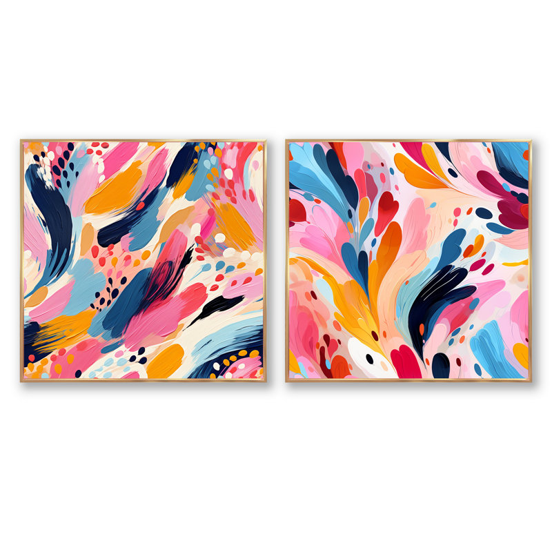 Crystofer - Ensemble de 2 collages abstraits carrés, Cadre flottant doré, H 36 po x l 73 po