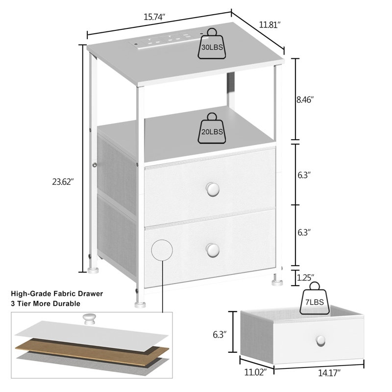 Bedside Table With Charging Station, LED Light And 2 Fabric Drawers