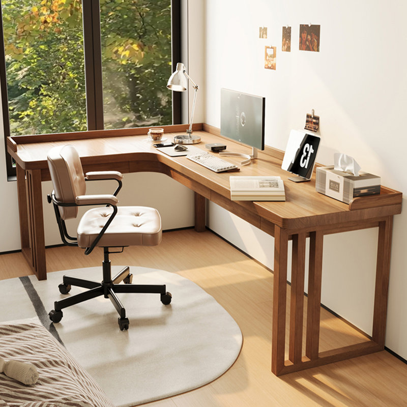Bureau en bois massif en L de couleur noyer clair avec 3 tiroirs, H 31,50 po x l 78,74 po x P 55,12 po, Retour à gauche