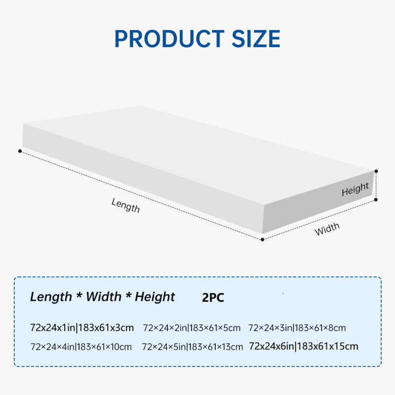 2PC High-Density Foam Cushion Replacement 72x24in - Resilient Customizable Foam Pads for Sofa, Bench, Lounge Chair, Bay Window | Choose Thickness (1-6in)