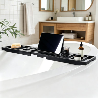 Teak Bathtub Tray Adjustable Width with Wine Holder Tablet Phone and Book Stand, Splash Proof for Bath Time