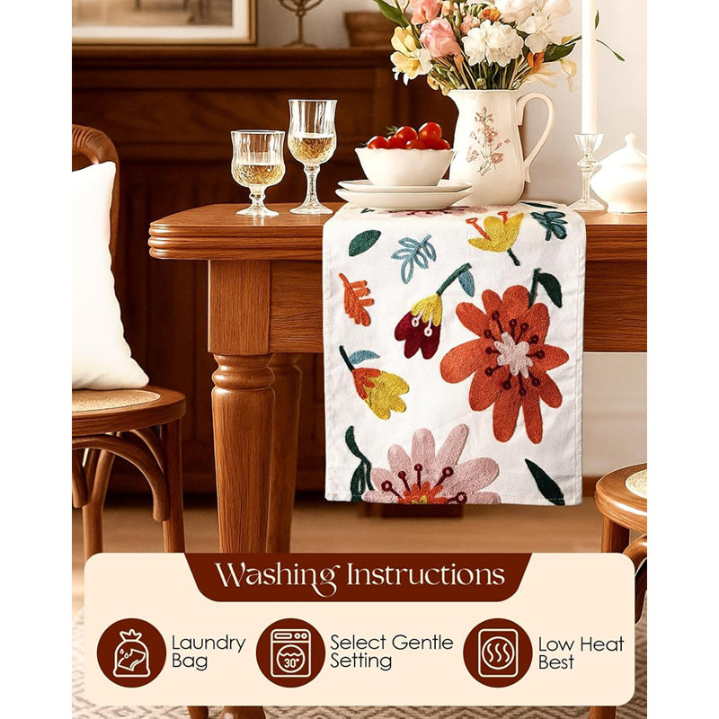 Chemin de table floral brodé - Multicolore - Toile de lin pour décoration de printemps, bohème et maison de campagne