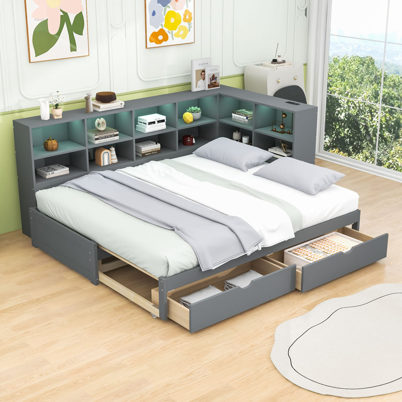 Daybed with Storage Drawers, LED Lights, USB Ports and Cabinets, Gray